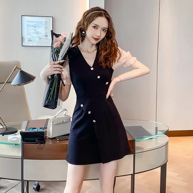 

COIGARSAM Women One Piece Ladies Korea Dress Summer New Patchwork Black Dresses Dropshipping