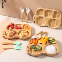 3pcs bamboo wooden dinnerware silicone spoons fork baby feeding tool cute mushroom dinner plate with sucker kids birthday gifts