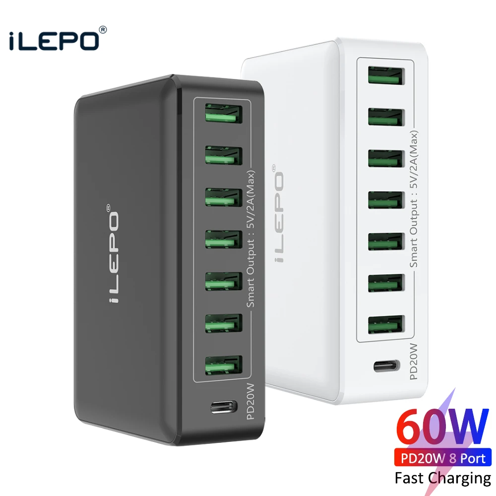 

Зарядное устройство ILEPO 60 Вт, 8 портов USB, быстрая зарядка PD20W HUB, умная быстрая зарядка, зарядная станция с несколькими портами USB, быстрая зарядка для iPhone