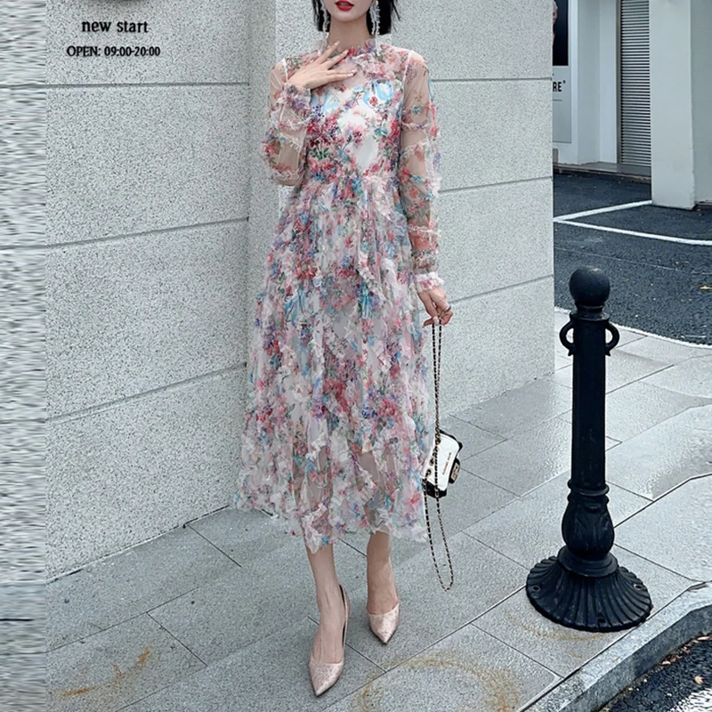 

Helolis Luxury Design Floral Print Patchwork Mesh Dress Women Ruffles Hollow Out Stand Collar Long Sleeve Elegant Midi Dresses