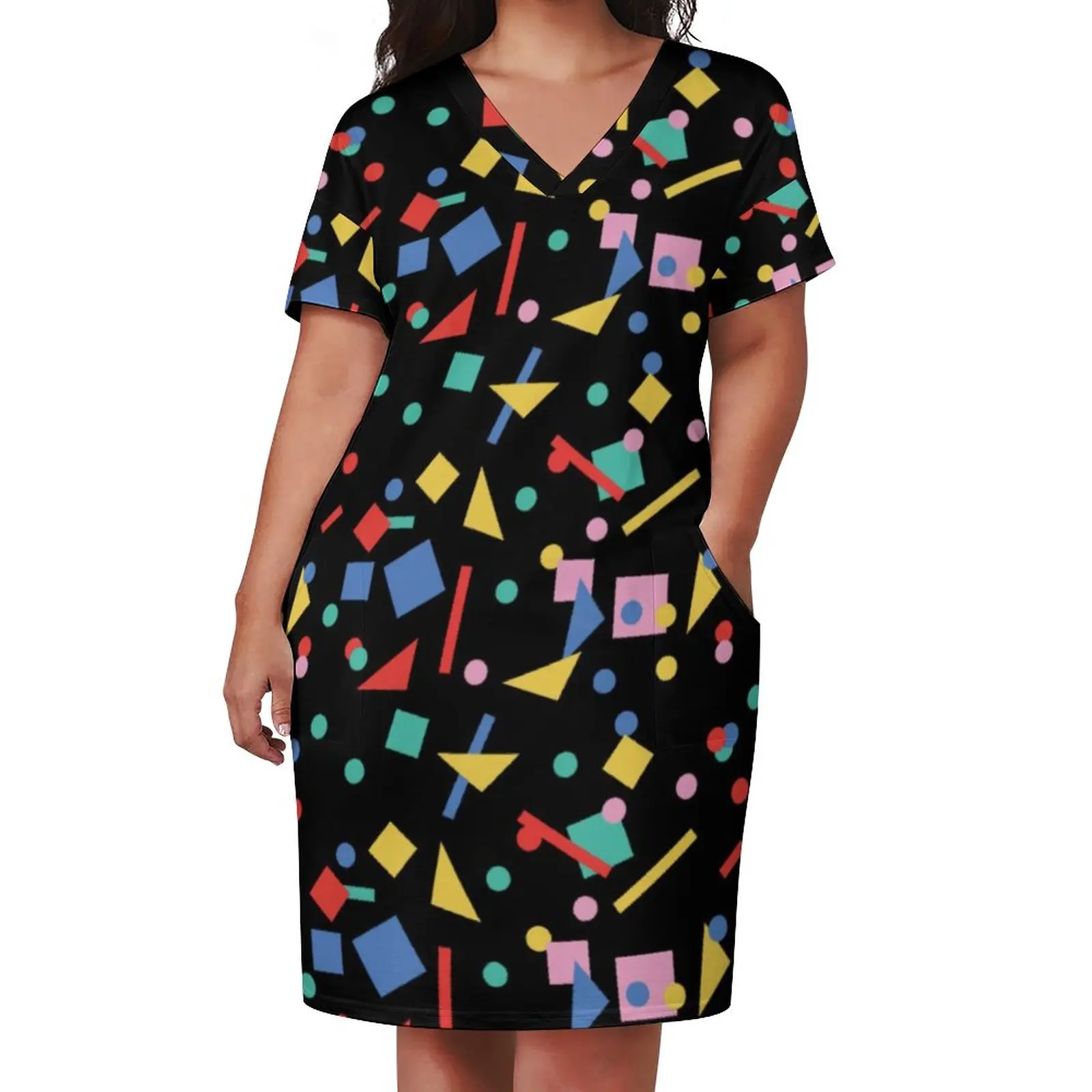 Retro 80s Pop Art Casual Dress Woman Geometric Shapes Elegant Dresses Holiday Short Sleeve Aesthetic Graphic Dress Plus Size