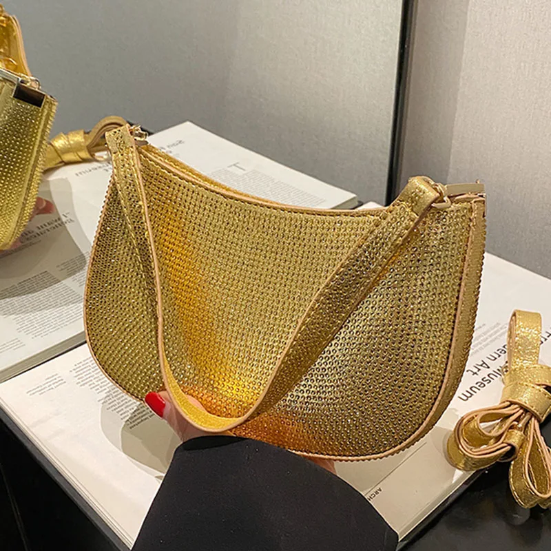 

Brand Women Rhinestones Purses And Handbag Armpit Bag Luxury Designer Green Gold Hobo Shoulder Bags Shiny Crystal Evening Clutch