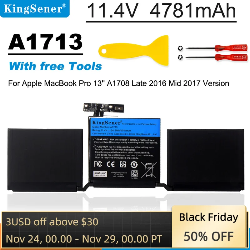 Batteria per Laptop KingSener A1713 per Apple MacBook Pro 13 "A1708 2016 2017 EMC 2978 3164 020-00946 MLL42LL Batteria AKKU 4781mAh