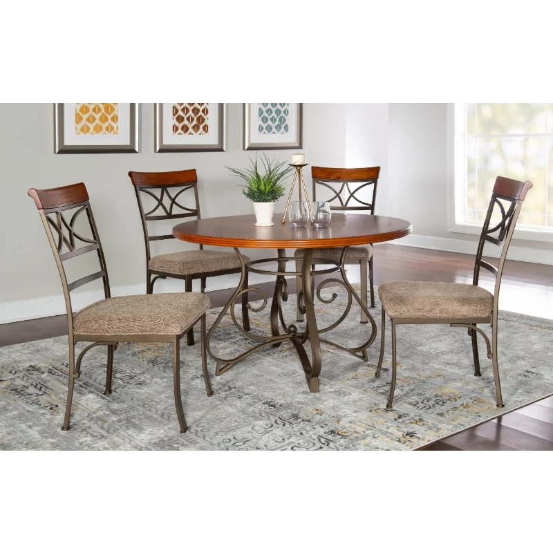 

Hamilton 5-Piece Dining Set, Brushed Faux Medium Cherry Wood with "Matte Pewter and Bronze" Metal