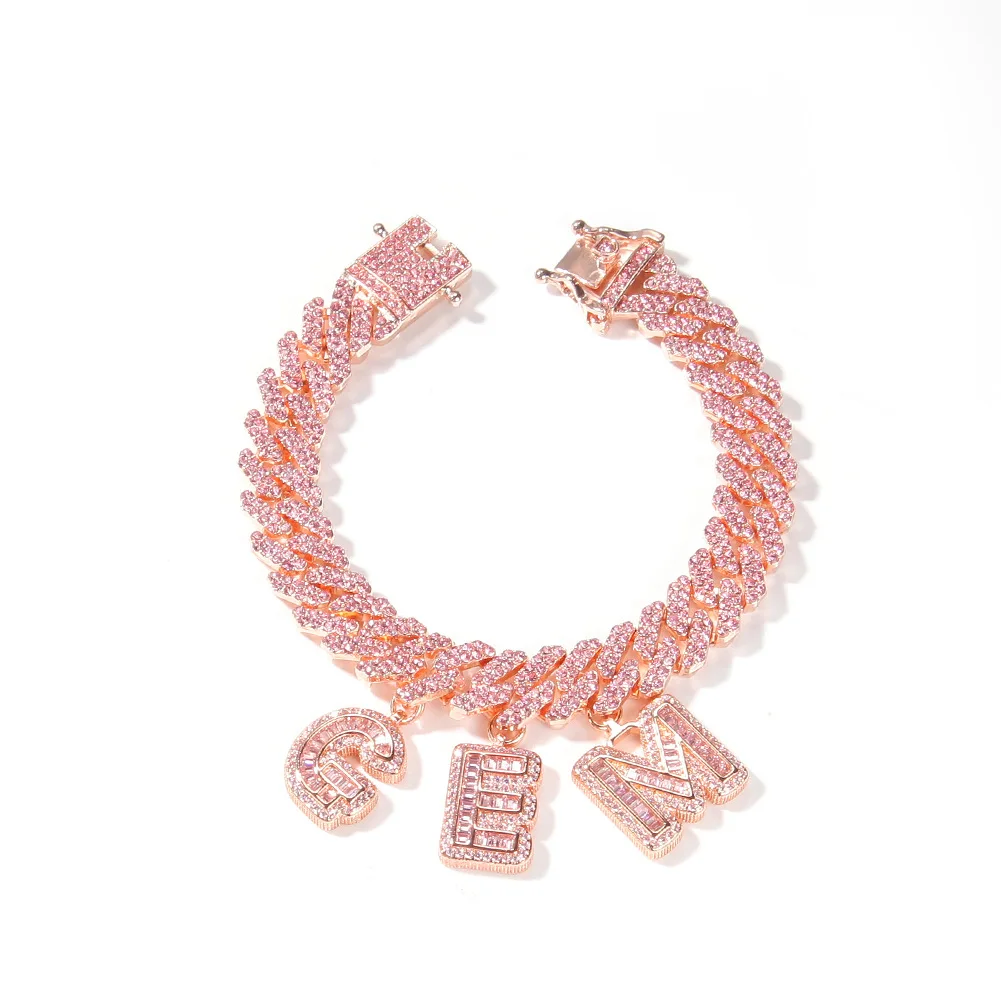 A-Z Custom Name Letters Pendant Necklaces Bracelets 12mm Cuban Link Chain Bracelet Rose Gold Plated