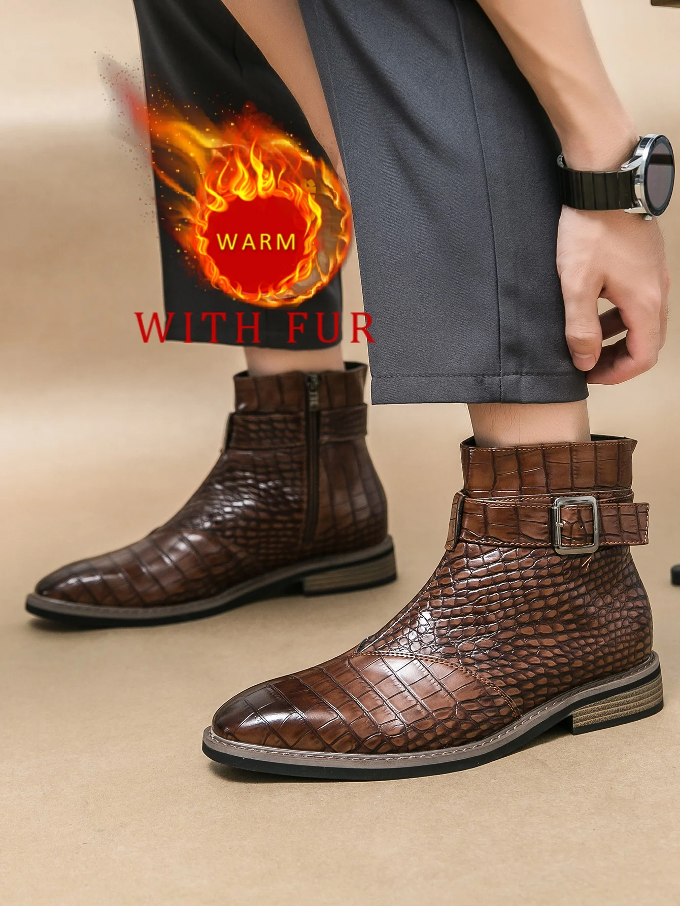 Осенне-зимние деловые мужские кожаные туфли модные стильные теплые короткие