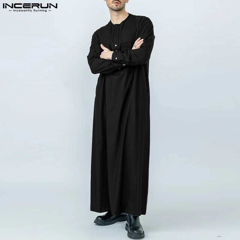 

Кафтан INCERUN мужской с круглым вырезом, однотонный мусульманский с длинным рукавом, уличная одежда в арабском стиле, свободного покроя, 2023