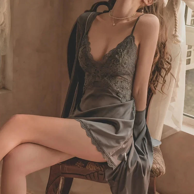 Spring And Summer New Sexy Pajamas Women's Summer ice Silk Thin Section With Chest Pad lace Suspenders Nightdress Women