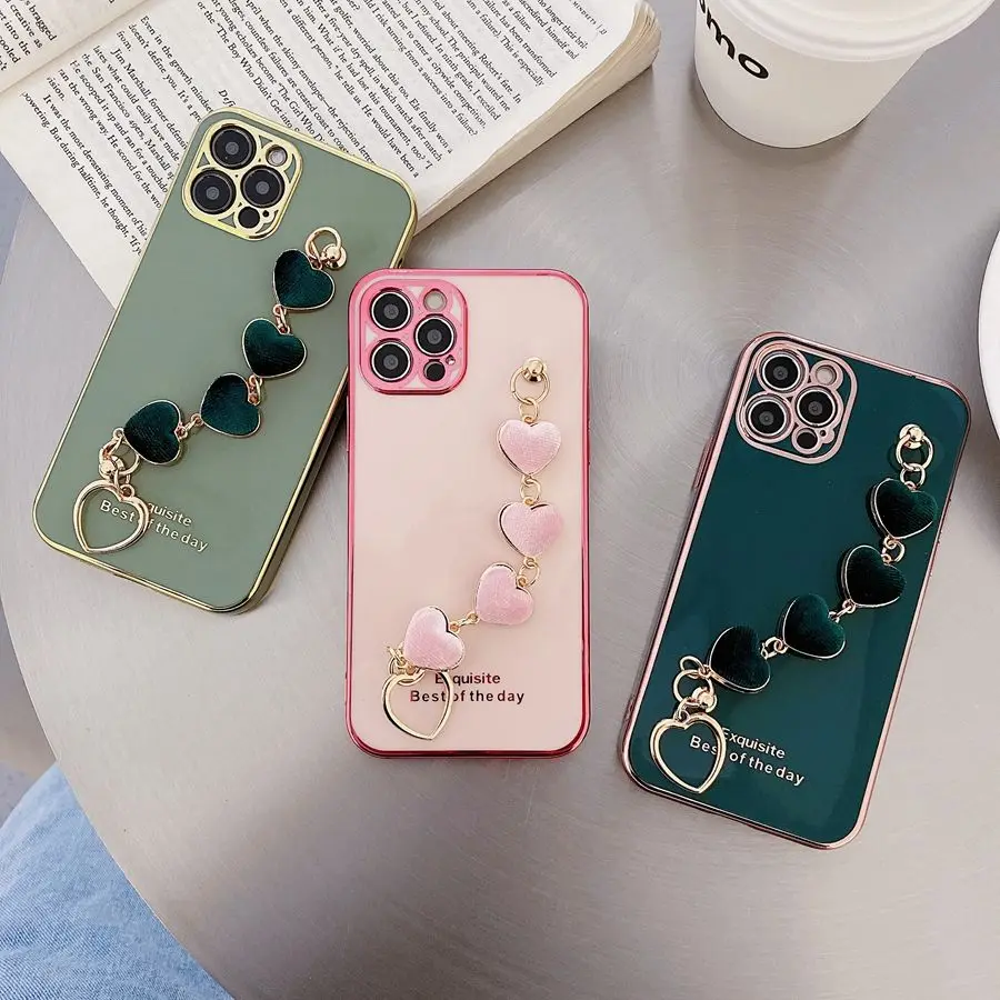 

Soft Wrist Chain Phone Case For iPhone 11 12 13 Pro Max 6s 7 8 Plus SE XR XS Max Cases Cute Love Heart Chain Hanging Case Cover
