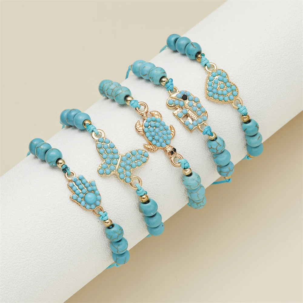 

Женский браслет в стиле бохо, бирюзовый браслет с бусинами из натурального синего камня