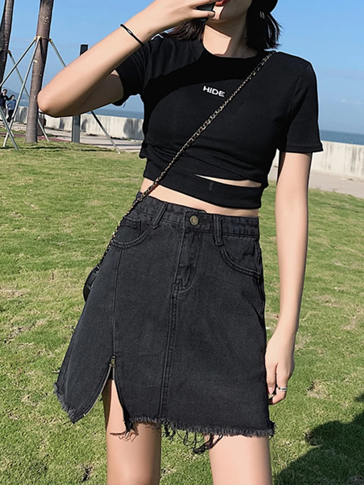 

Solid Color Fringe Denim Short Skirts Women's Summer New Bag Skirt High Waist Thin Cotton Denim A Line Short Skirt Side Zipper