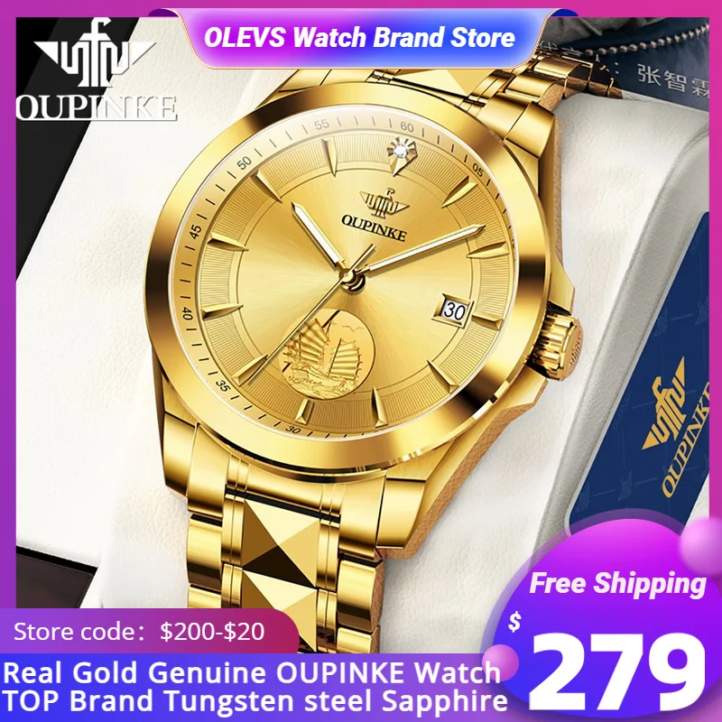 

OUPINKE Swiss Certification Automatic Mechanical Watch Men Real Gold Real Diamond Sapphire Mirror Tungsten steel Top Brand Watch