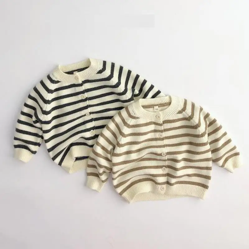 

2023 Autumn New Children Long Sleeve Knit Cardigan Boys Striped Sweater Cotton Girls Casual Sweater Jacket Baby Knited Clothes