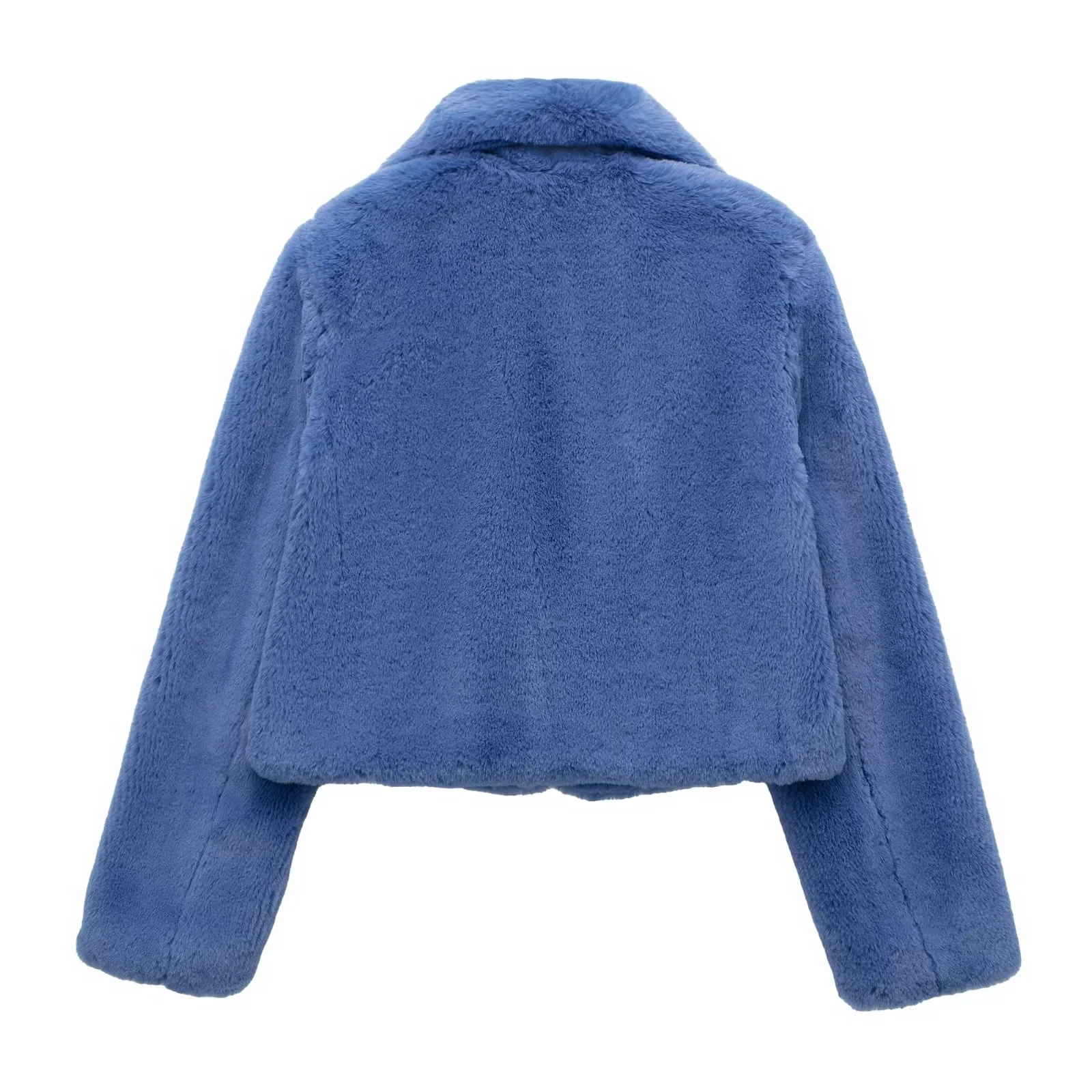 Winter Women's Blue Faux Fur Lapel Pockets Design Short Jacket Fashion Chic Warm