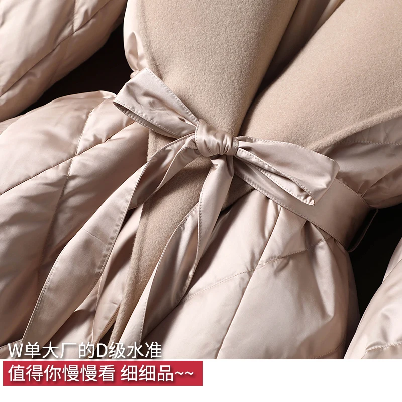 Luxury Long Women Jacket  90%  White Duck Down Thin Lace Up Autumn/Winter  Adjustable Waist Wool Hat Detachable