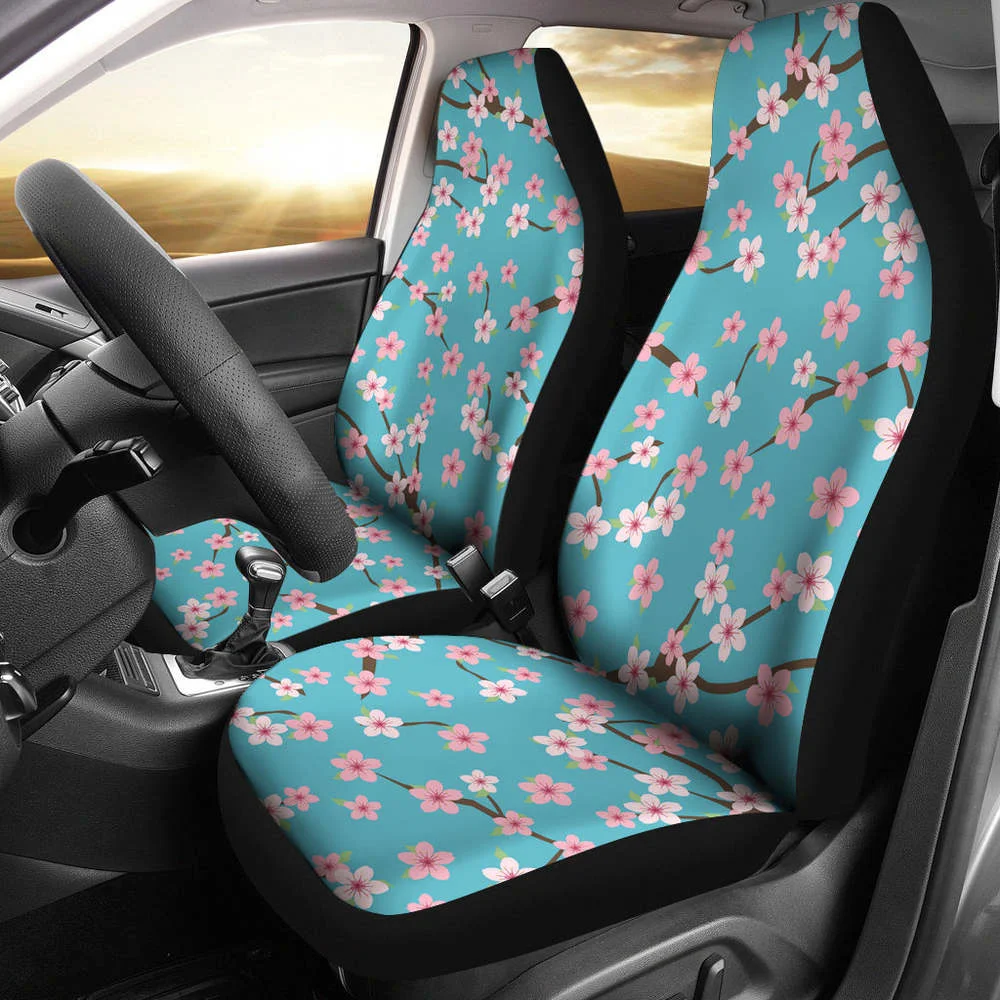 

Teal With Pink and White Cherry Blossom Flower Pattern Car Seat Covers,Pack of 2 Universal Front Seat Protective Cover