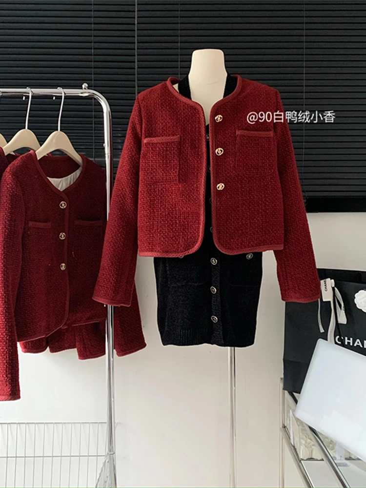 

French Style Retro Tweed Women Jacket Outer 2022 Autumn Winter Crew-neck Overcoat Female Luxury Single Breasted Design Vintage
