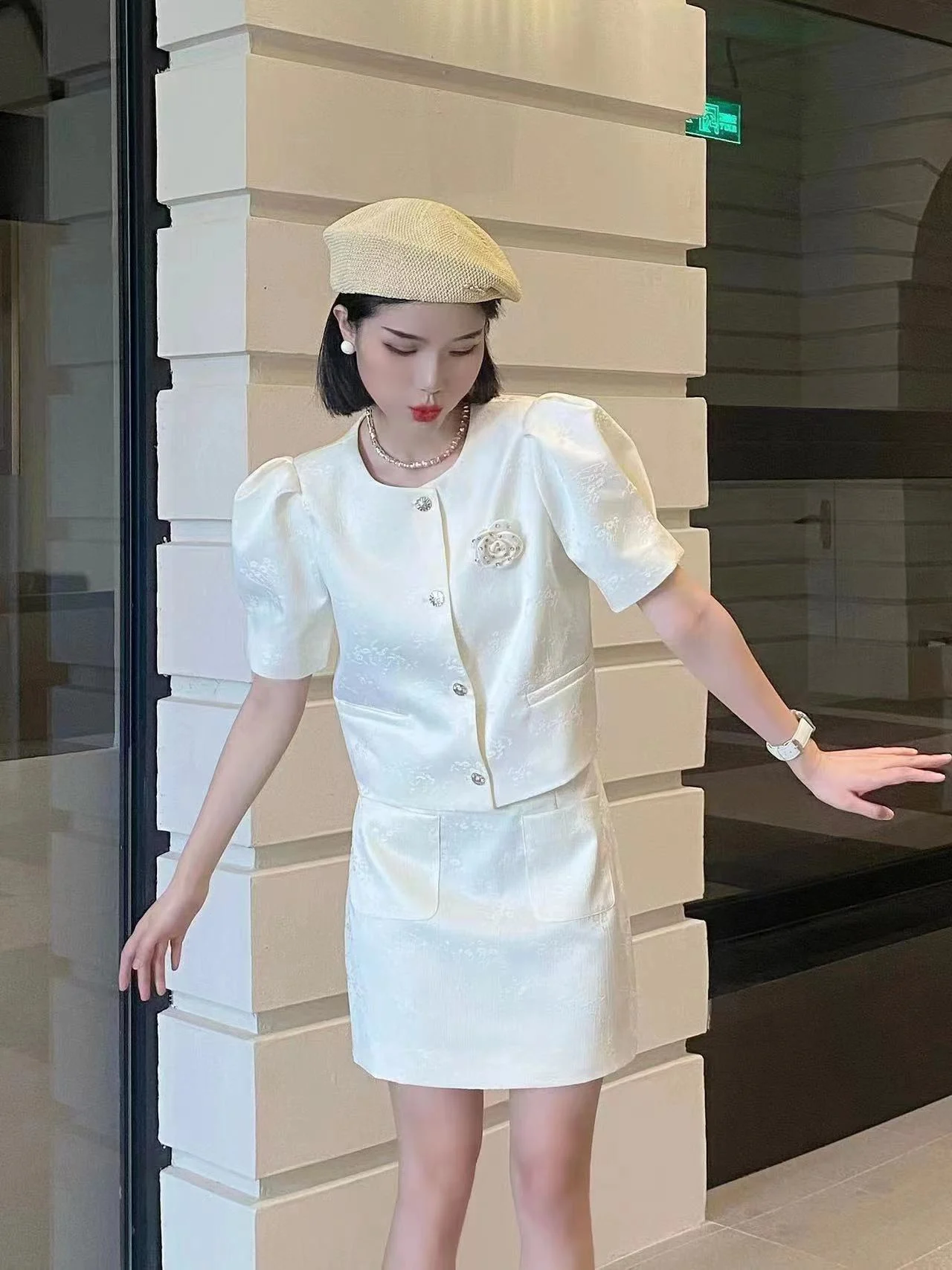 

2023 Spring/Summer Fashion New Women's Clothing Jacquard Puff Sleeve Suit 0704