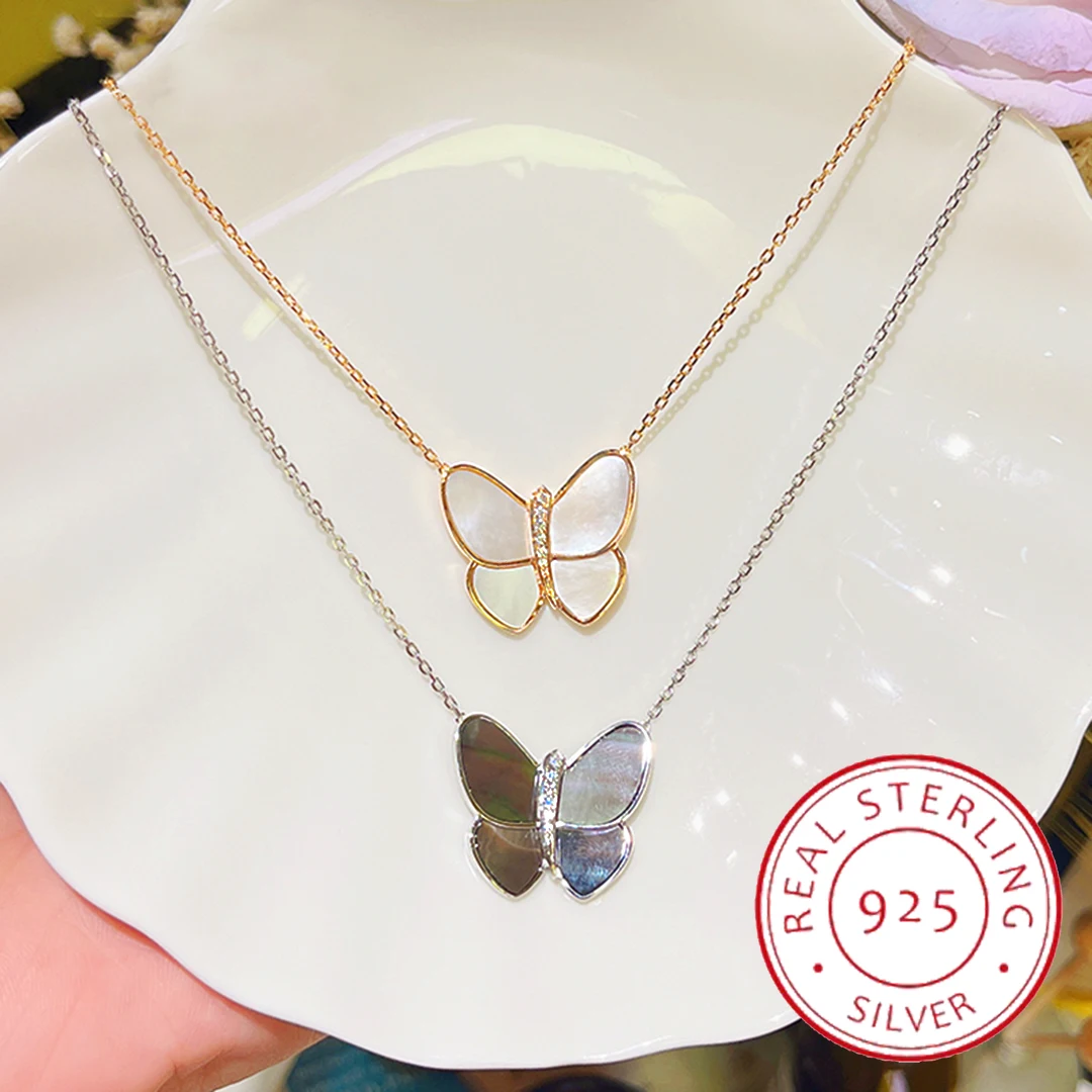 

925 Sterling Silver Fashion Brand Ladies Good Quality Bow Necklace Natural Fritillaria Butterfly Beautiful Luxury Women Jewelry