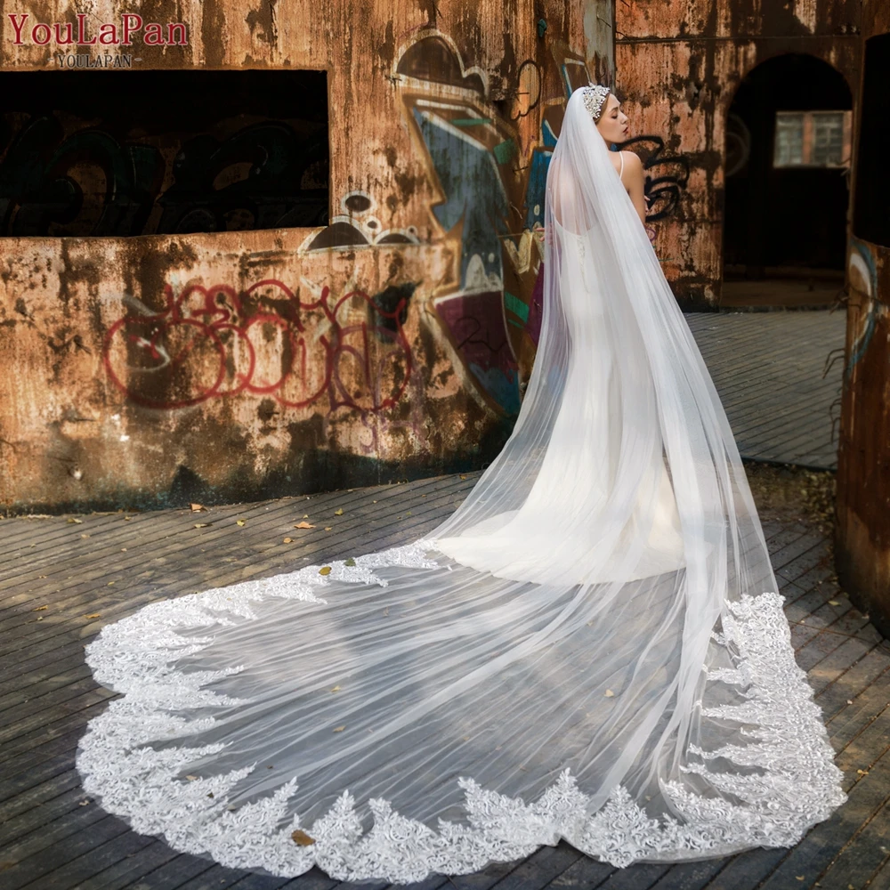 

YouLaPan V92 Long Bridal Veils with Lace Edge Luxury Long Veils for Brides Embroidered Cathedral Veil with Lace Applique Motifs