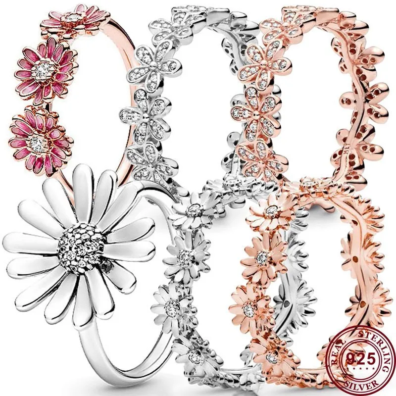 

Hot 925 Sterling Silver Exquisite Daisy Series Flowers Woman's Ring Wedding Gift High Quality Fashion Diy Charm Jewelry