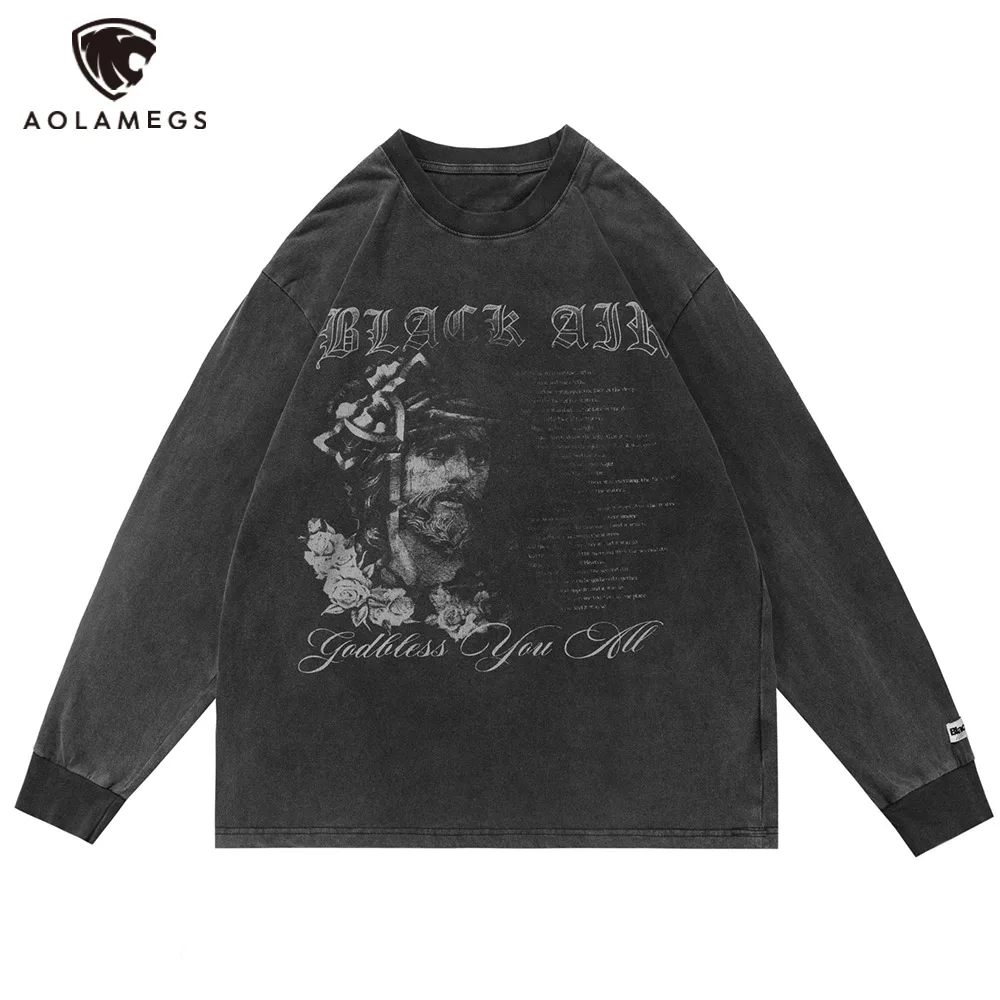 

Aolamegs Men's Oversized Long Sleeves Pullover Abstract Character Letters Graphic Print Sweatershirt Hip Hop High Street Clothes