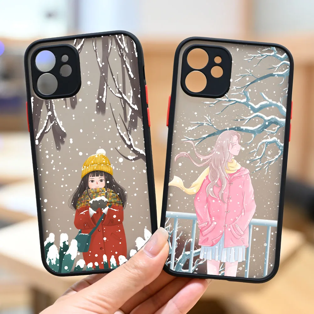 

NEW Cute Girl Snow Phone Cover Case for iPhone 6 6S 7 8 7Plus 8Plus X Xs XR 11 12 13 Mini Pro Max SE2 Silicone TPU Rainbow Coque
