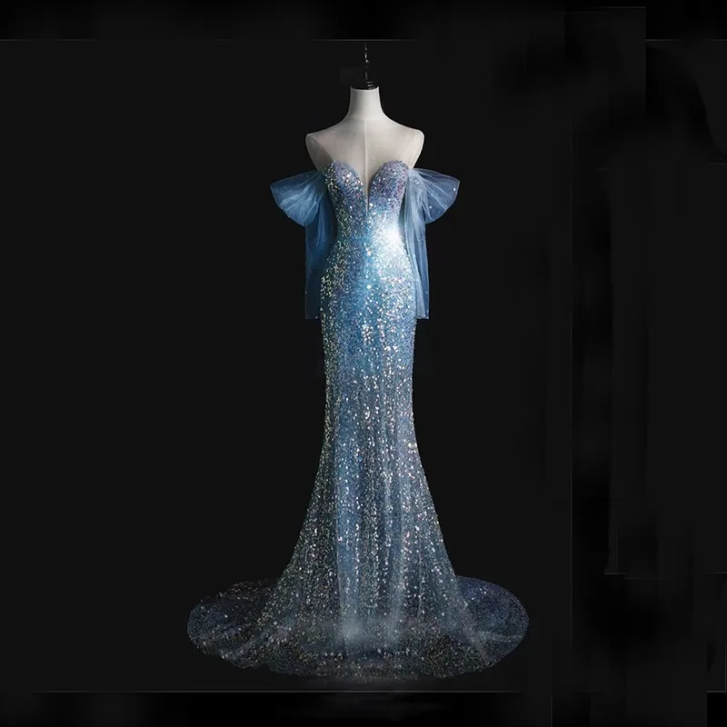 

New Sequin Mermaid Evening Dresses Sexy V-neck Formal Party Dress Full Sleeves Off Shoulder Prom Dress GRYFFON