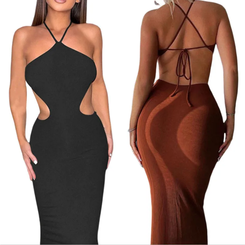 

Women Wrapped Backless Dress Sexy Sleeveless Hanging Neck Casual Street Tight Dress Club Wear Summer 2022