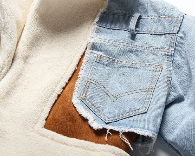 2022 Autumn and Winter Women's European and American Lapel Casual Denim Warm Stitching Short Coat Plus Velvet Cotton Coat