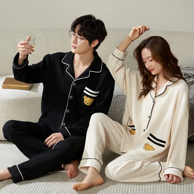 Lovers pajamas age season women long sleeve pure color cotton lovely men qiu dong household to take