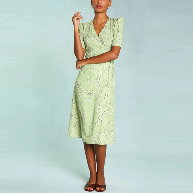 

Elegant Side Lace Up Floral Print Dress for Women Casual Deep V Short Sleeve Summer Dresses 2022 Office Wear Loose Vestidos