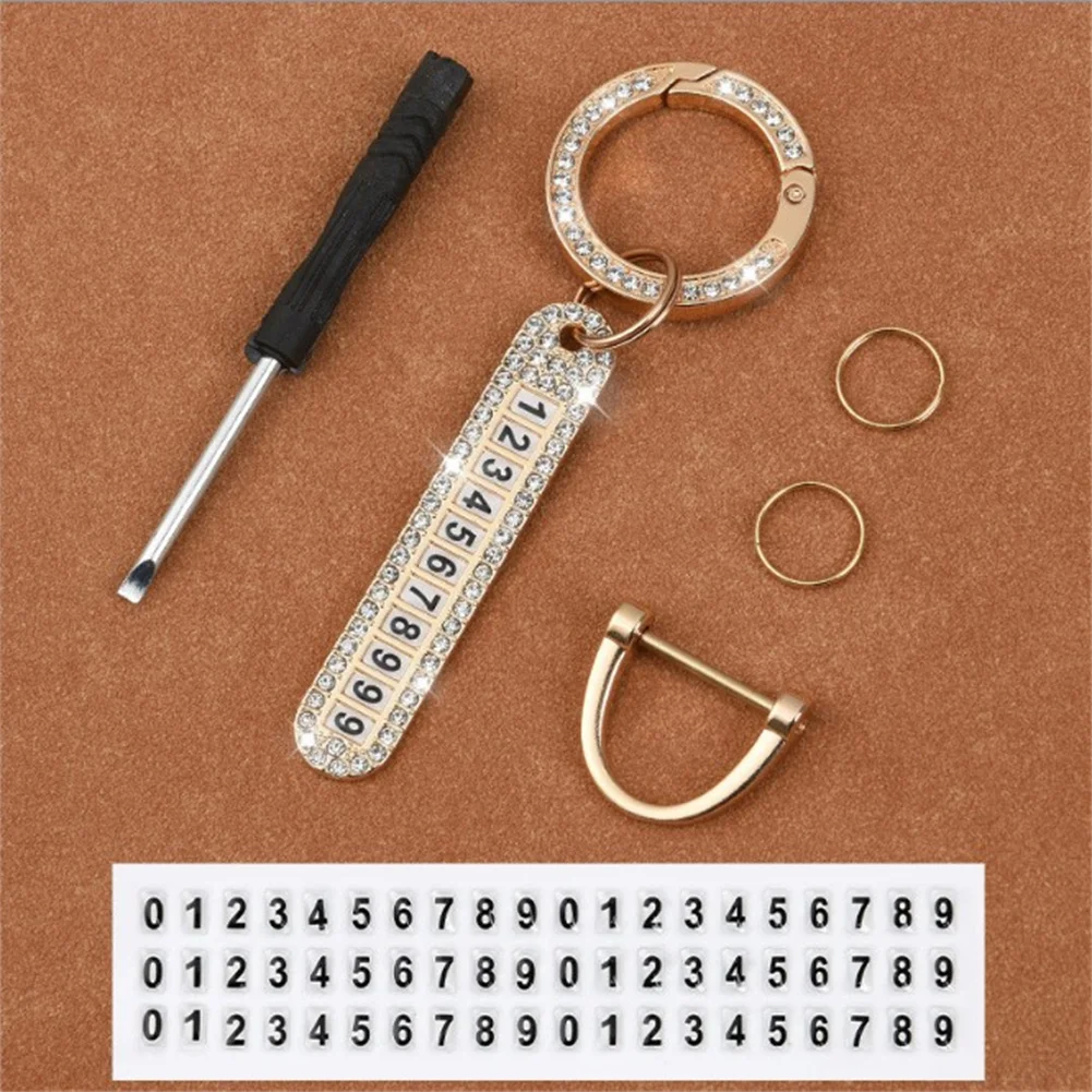 

Number Card Keychain Accessories Anti-Lost Holder Keytag Metal + Rhinestones