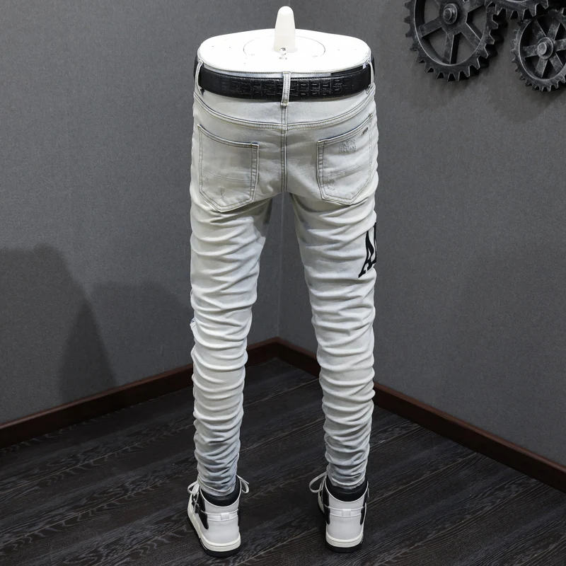 Street Fashion Men Jeans Retro Light Blue Elastic Stretch Skinny Ripped Jeans Men Brand Patches Designer Hip Hop Pants Hombre