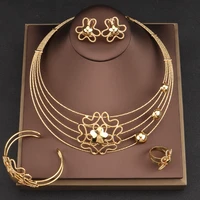 dubai jewelry set for women gold plated necklace flower earrings bracelet ring jewelry for nigerian bridal engagement party