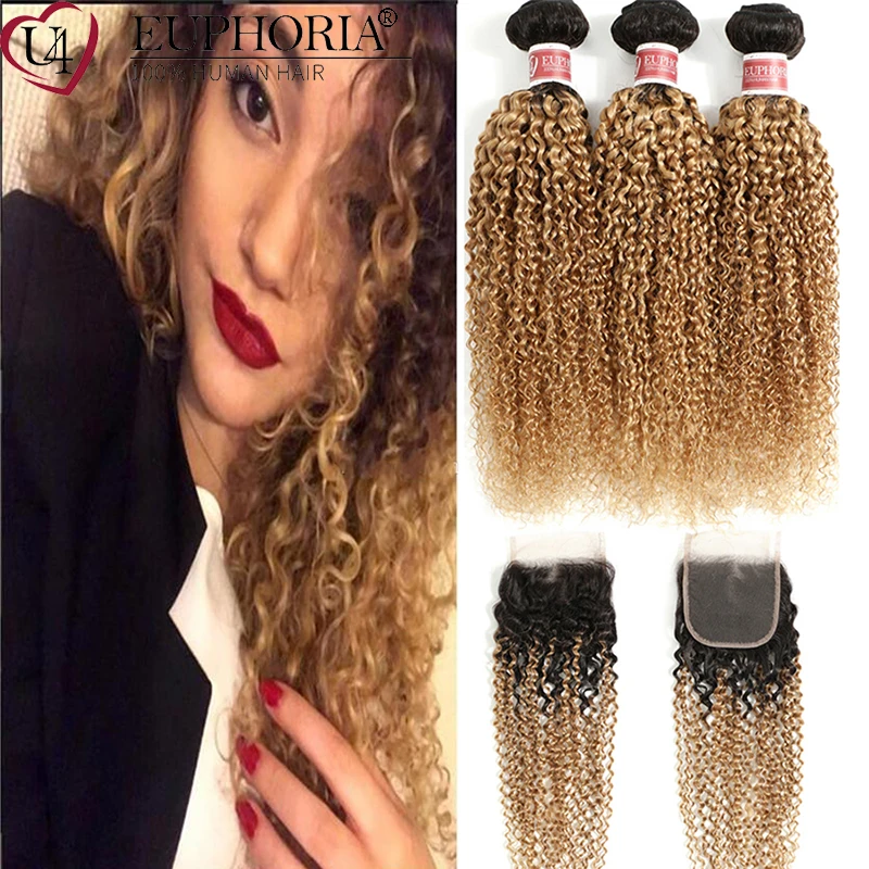 

T1B/27 Ombre Blonde Two Tone Kinky Curly Bundles With 4x4 Closure Brazilian Remy Human Hair 3 Bundles With Lace Closure Euphoria