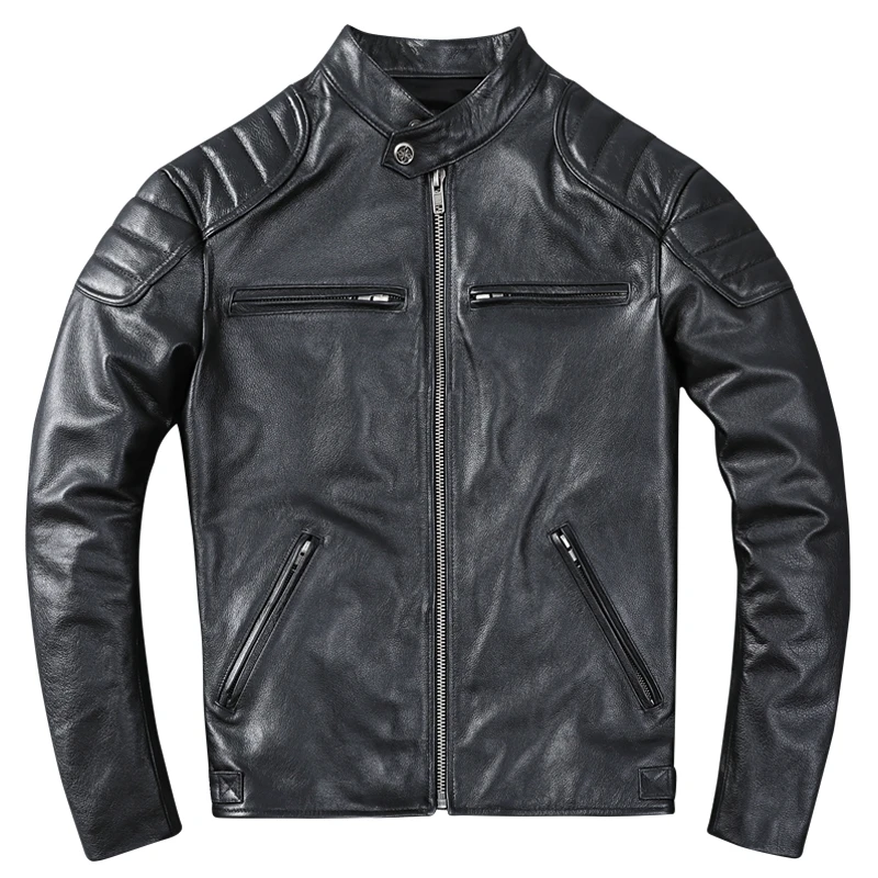 

Черная Весенняя Мужская мотоциклетная куртка размера плюс 5XL из натуральной воловьей кожи, Осеннее приталенное короткое байкерское пальто ...