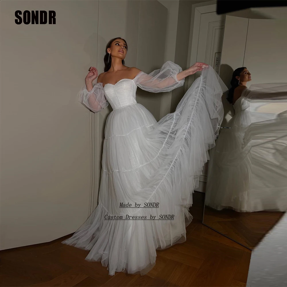 

SONDR Sparkly Glitter Full Puff Sleeves Evening Dresses A Line Sweetheart Formal Night Party Dresses Robes De Soirée Gowns