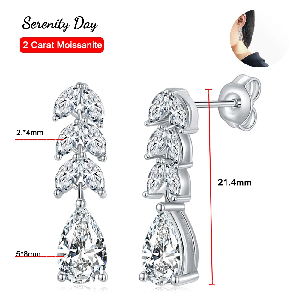 

Serenity D Color 1 Carat 5*8m Pear Cutting+2*4mm Marquise Moissanite Long Tassel Earrings For Women S925 Sterling Silver Jewelry