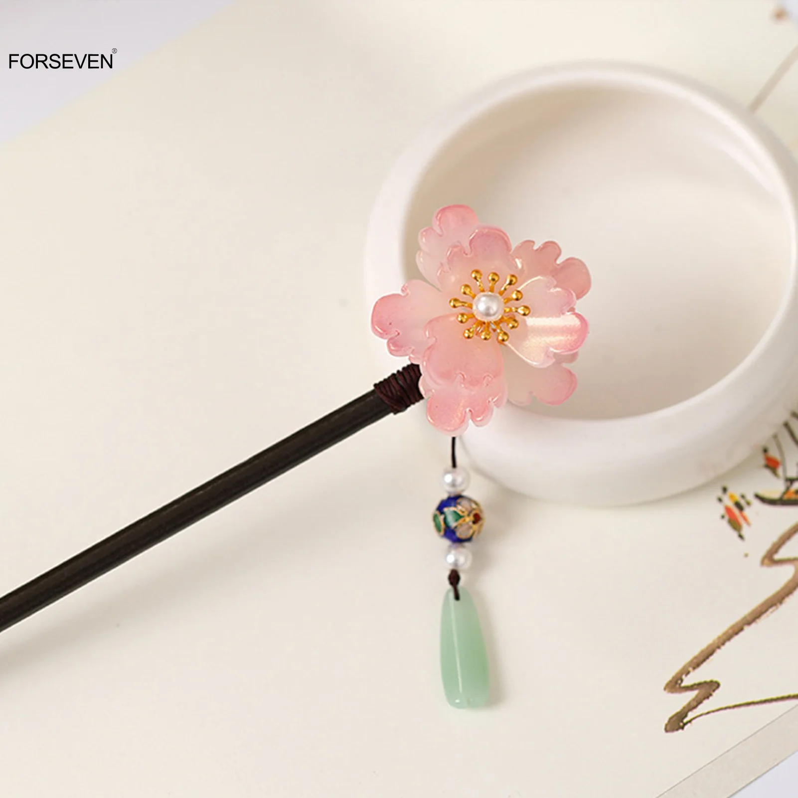 Розовые цветочные палочки для волос, вилки, китайские украшения для шагового коктейля, деревянные палочки для волос, вилки для женщин и девушек, приспособление для пучка волос, головной убор