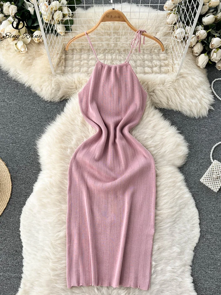 

LIRUICHENG Sexy Lace Up Camis Dress Women Summer Backless Slim A Line 2023 Fashion Elastic Waist Solid Party Midi Long Dress