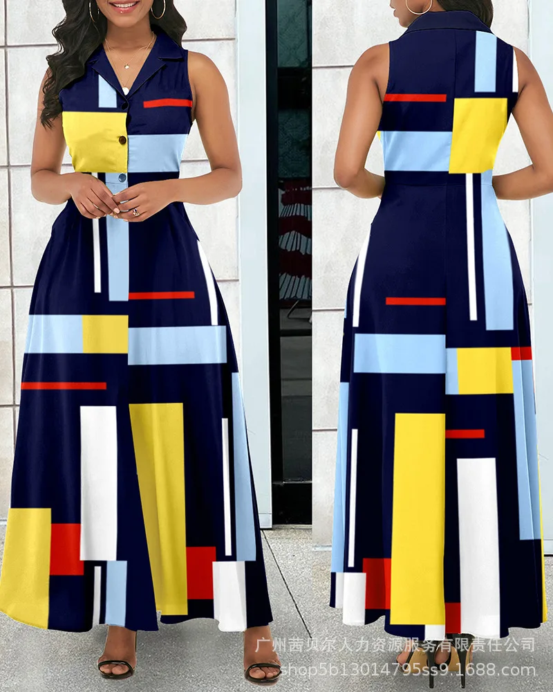 

Geometric Print Buttoned Maxi Dress Women Sleeveless Long Loose Dress High Waist Spring Summer Ankle Length