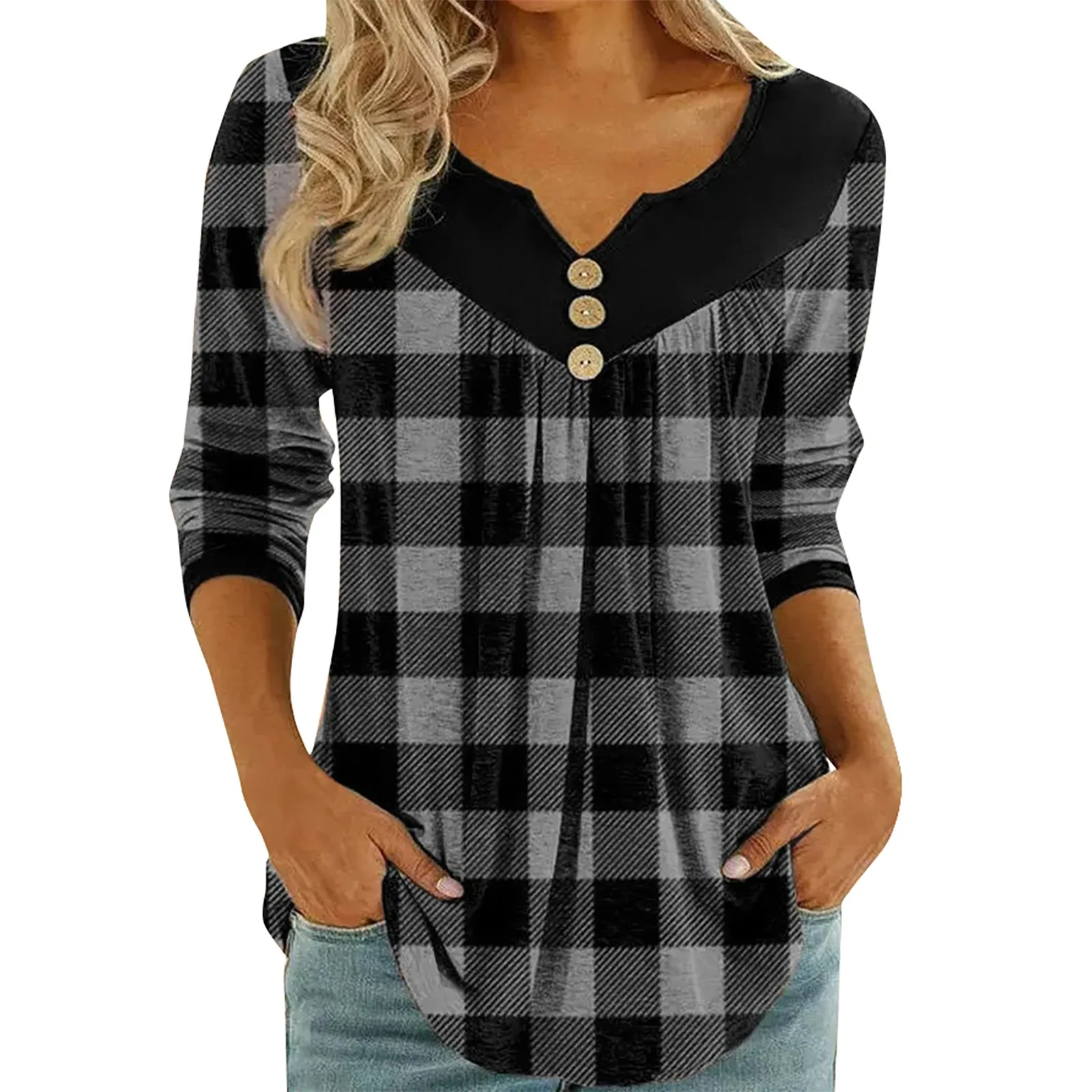 

Женские топы, модные клетчатые футболки с принтом, повседневная плиссированная Блузка с V-образным вырезом и длинными рукавами, женская одежда, Корейская футболка на осень 2023