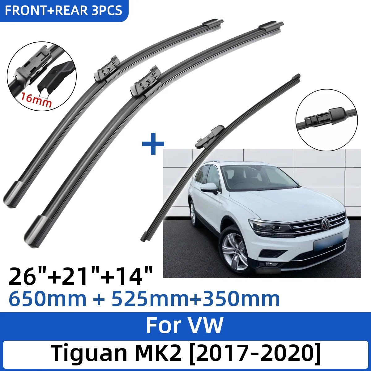 

3PCS For VW Tiguan MK2 2017-2020 26"+21"+14" Front Rear Wiper Blades Windshield Windscreen Window Cutter Accessories 2019 2020