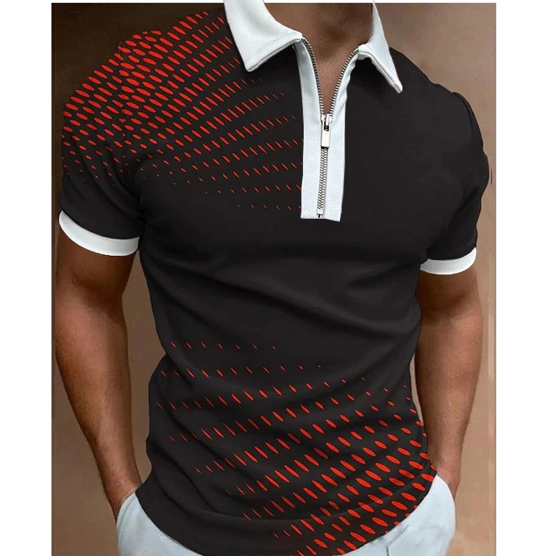 Men's Summer Short-Sleeved Luxury Polo Shirt Abstract Art Print Trend Fashion Oversized Street Lapel Zipper Slim-Fit Clothing