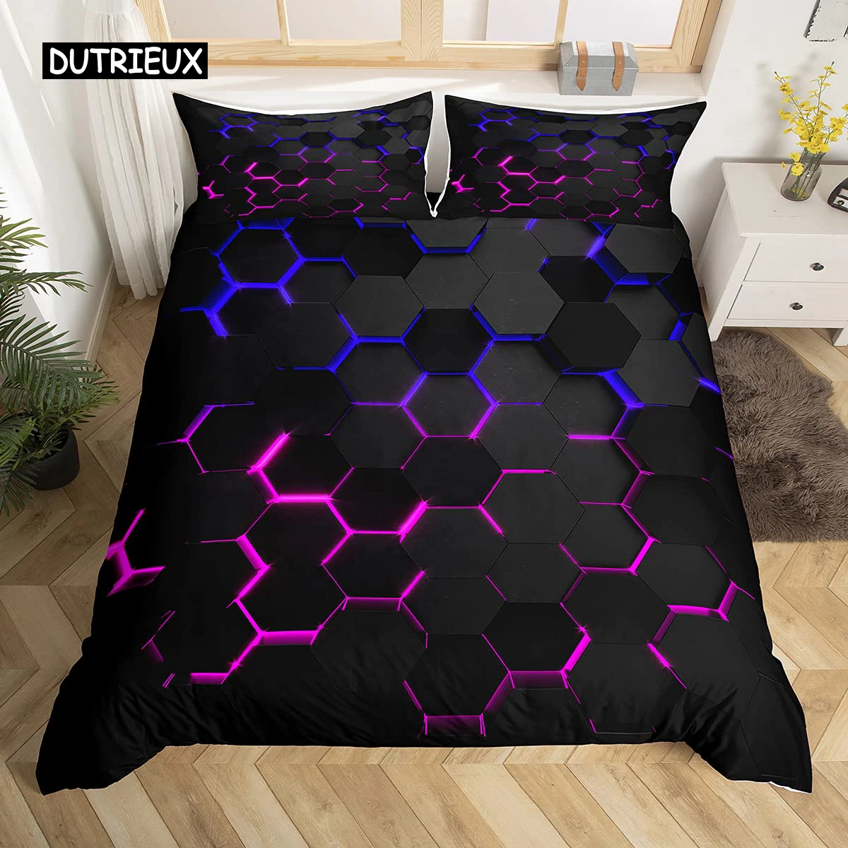 Honeycomb Duvet Cover Set Queen Size Geometry Hexagon Theme with Pink Blue Neon Lights Chic Comforter for Boys Teen Man