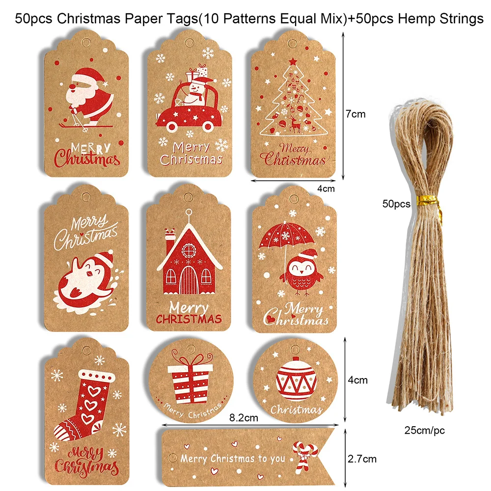 

50pcs Merry Christmas Gift Tags 2023 Christmas Decoration Packaging Supplies with Strings Xmas Decor Printed Paper Cards Labels