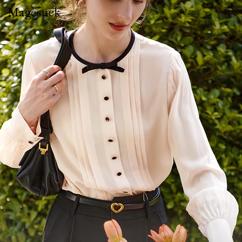 

Elegant Office Lady Chiffon Blouse Spring Autumn Thin Clothes Women Tops New Loose Round Collar Long Sleeve Chic Shirt 21598