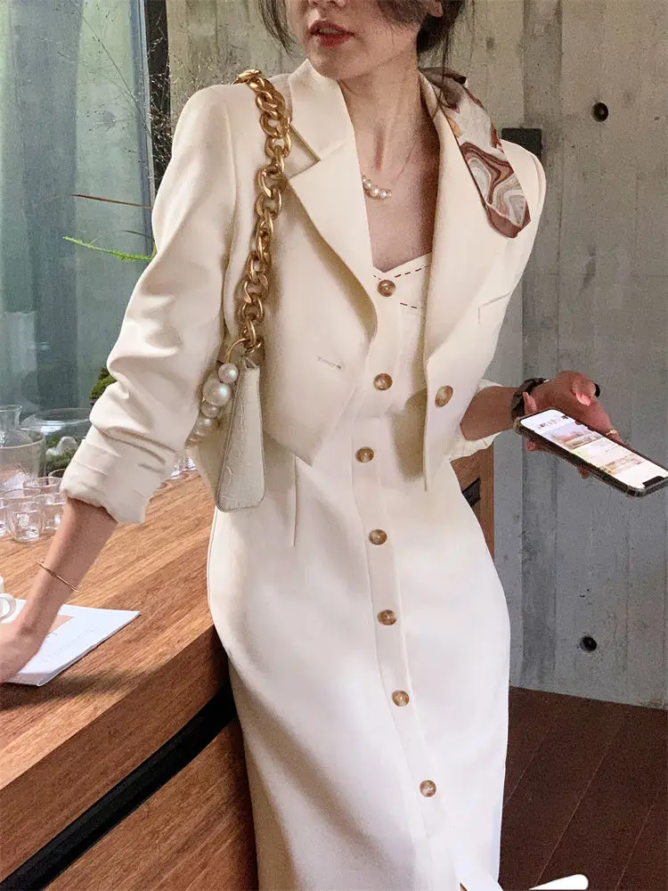 

Women Winter Bodycon Strap Evening Midi Dress + Designer Casual Blazers Women's Suit with a Dress 2022 Korean Elegant Dress Sets