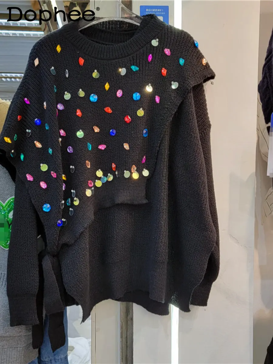 

Street Color Diamond Irregular Shawl Patchwork Knitting Sweater Pullover Women 2022 New Autumn Winter Elegance Retro Sweater Top